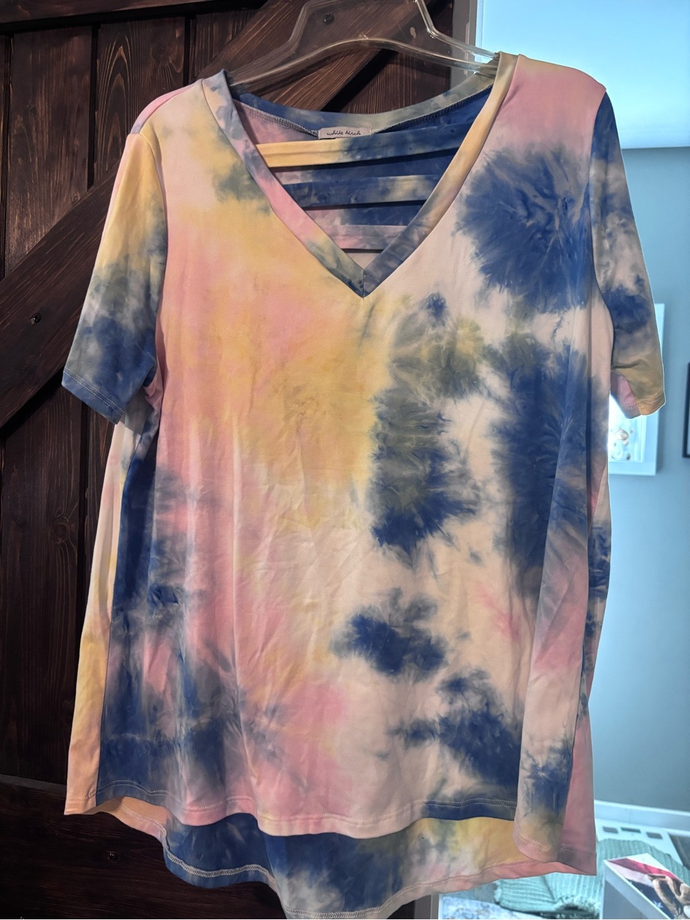 white birch Pastel Tie-Dye V-Neck Short Sleeve Top in Blue, Pink & Yellow